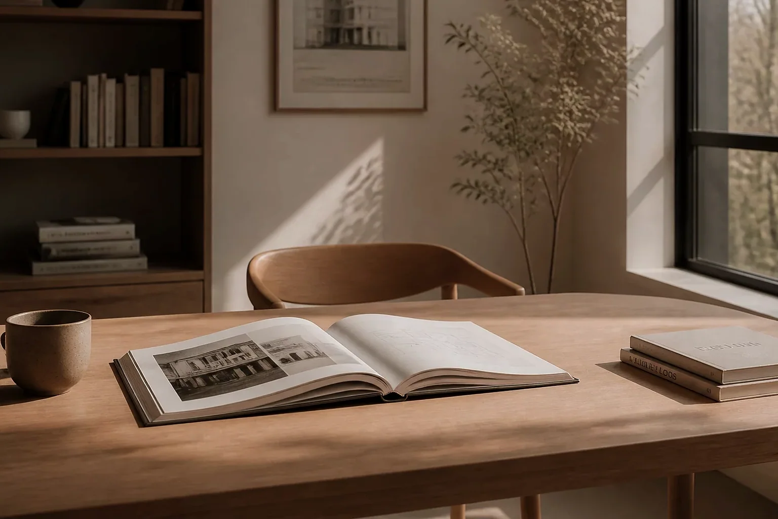Minimalist Nordic interior with architectural books and a view